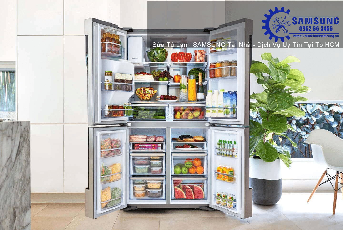 Freshly stocked Samsung side-by-side refrigerator open displaying fresh fruits, vegetables, dairy, and beverages in a modern kitchen setting.