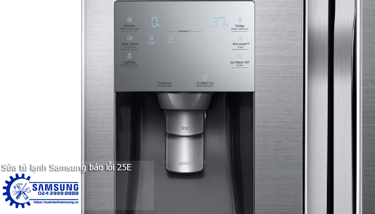 Modern Samsung side-by-side refrigerator with digital control panel, ice and water dispenser, and sleek stainless steel finish. Ideal for home appliance repair and maintenance services.