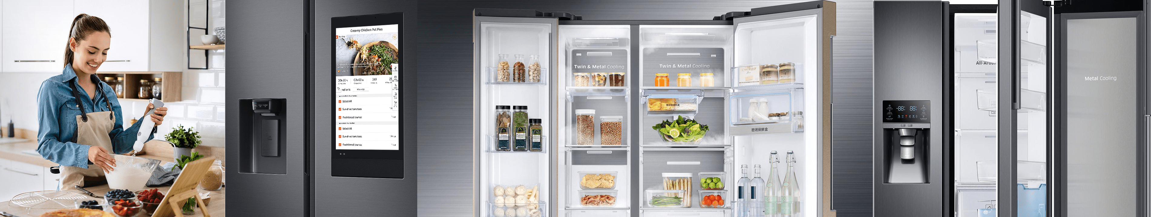 Stainless steel Samsung side-by-side refrigerator open showcasing organized interior with fresh food and beverage storage, modern cooling technology, and sleek design.