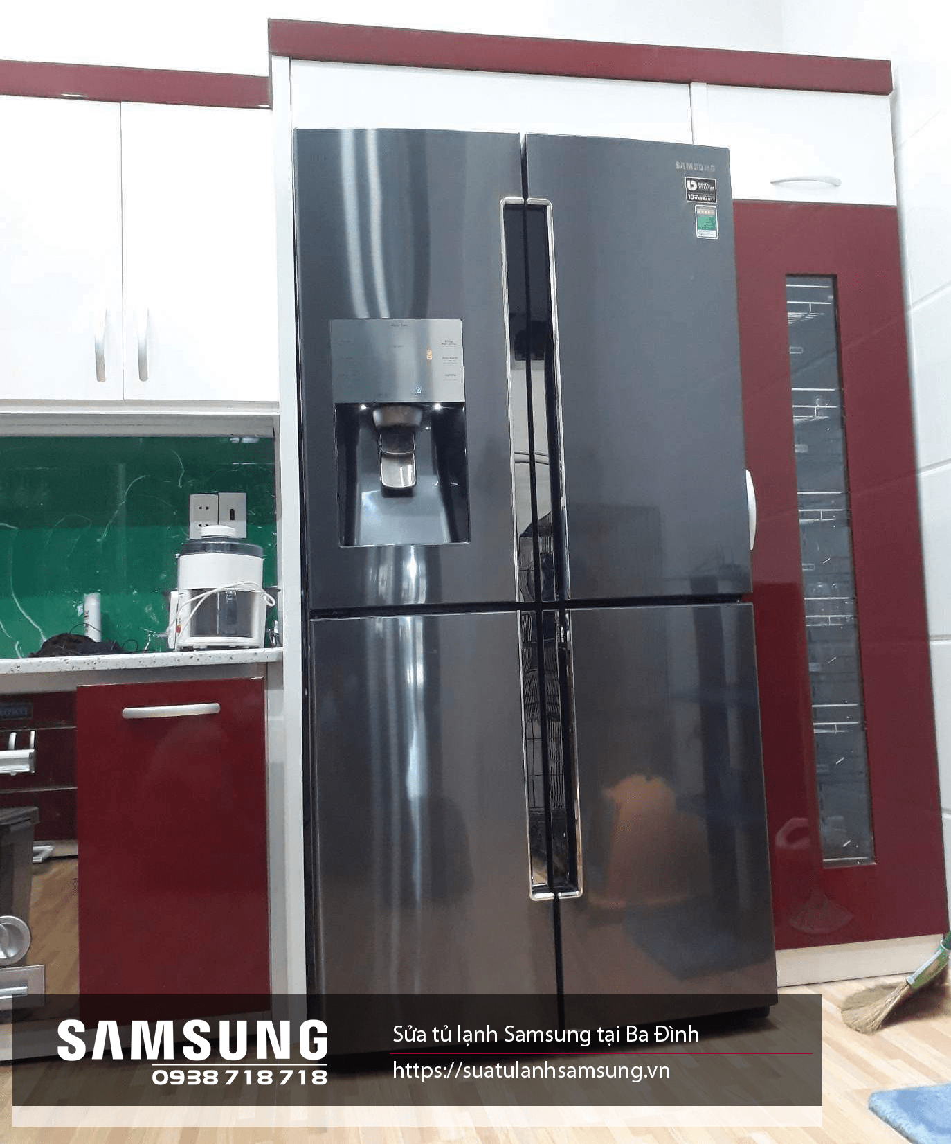 Stainless steel Samsung side by side refrigerator with water and ice dispenser for kitchen use.
