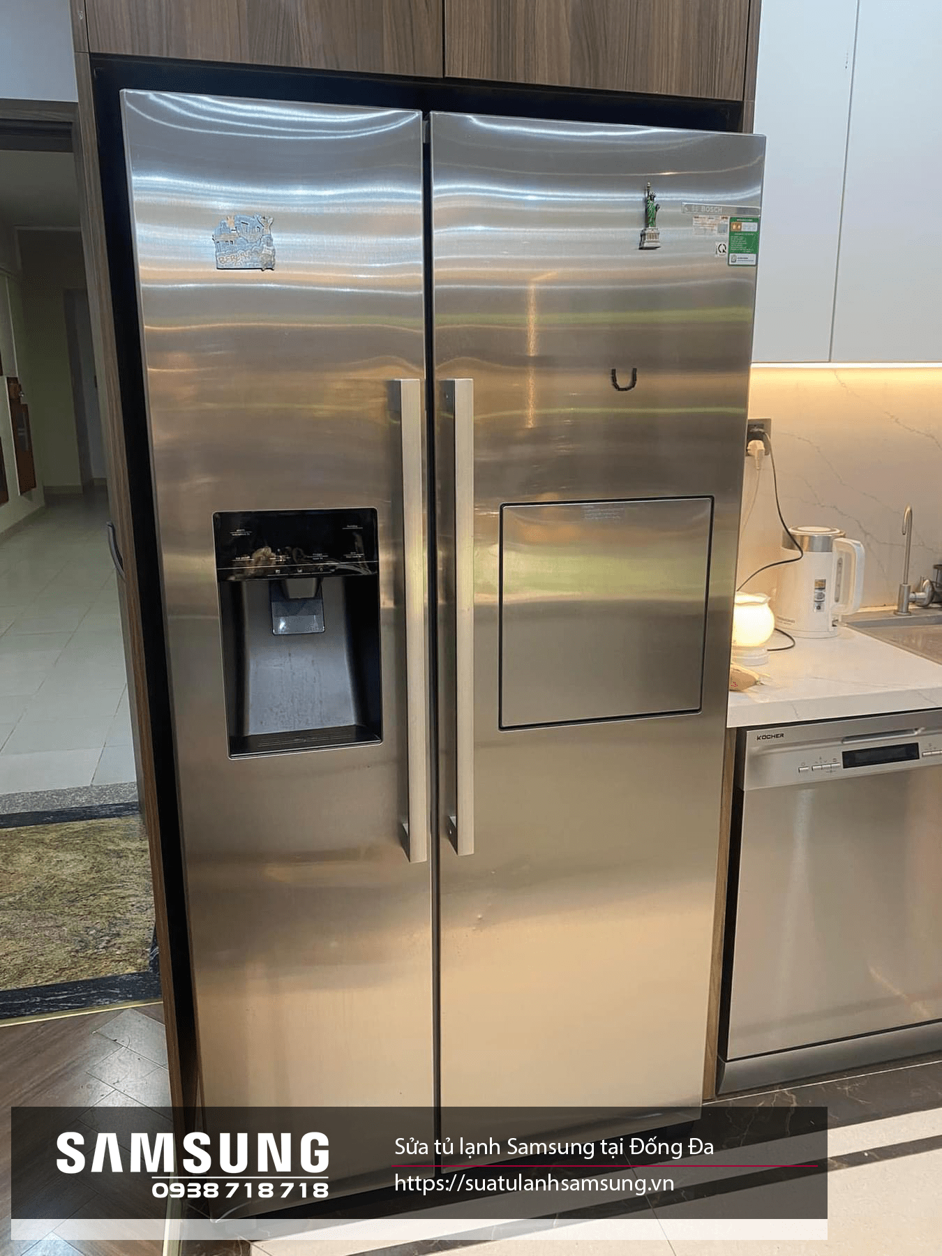 Stainless steel Samsung side-by-side refrigerator with water and ice dispenser in a modern kitchen setting.