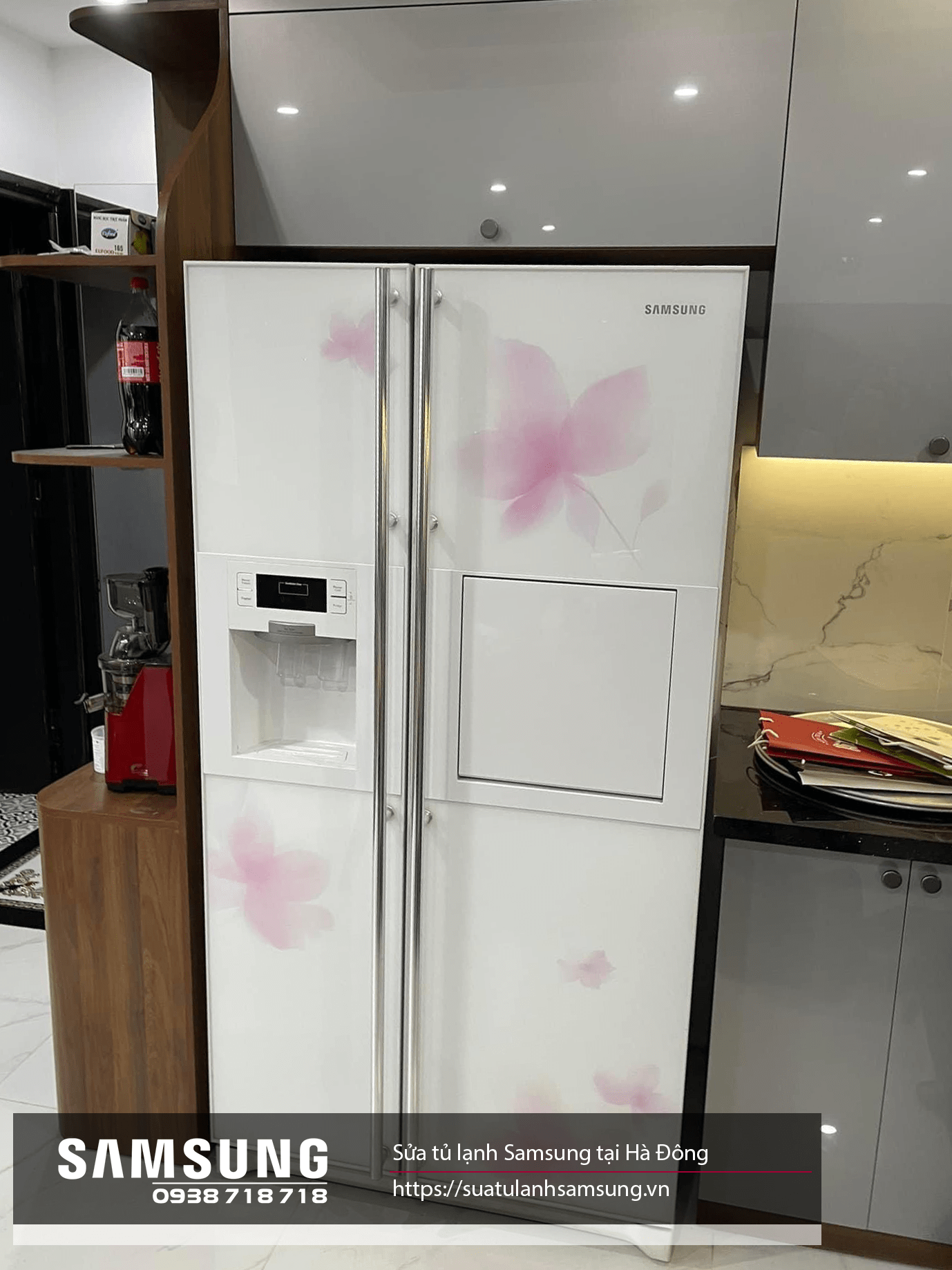 Modern white Samsung side-by-side refrigerator with pink floral design, water dispenser, and digital display, ideal for Samsung refrigerator repair and maintenance services.
