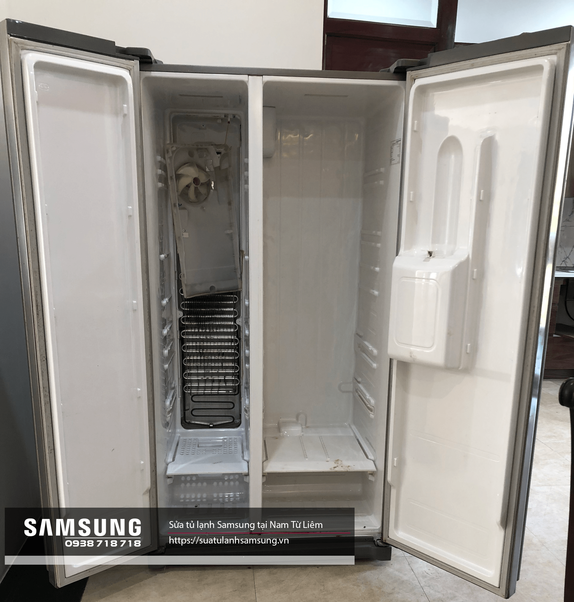 Remanufactured Samsung Side By Side Refrigerator interior showing cooling system and spacious storage. Ideal for home use, perfect for repair or maintenance services to restore optimal cooling performance.