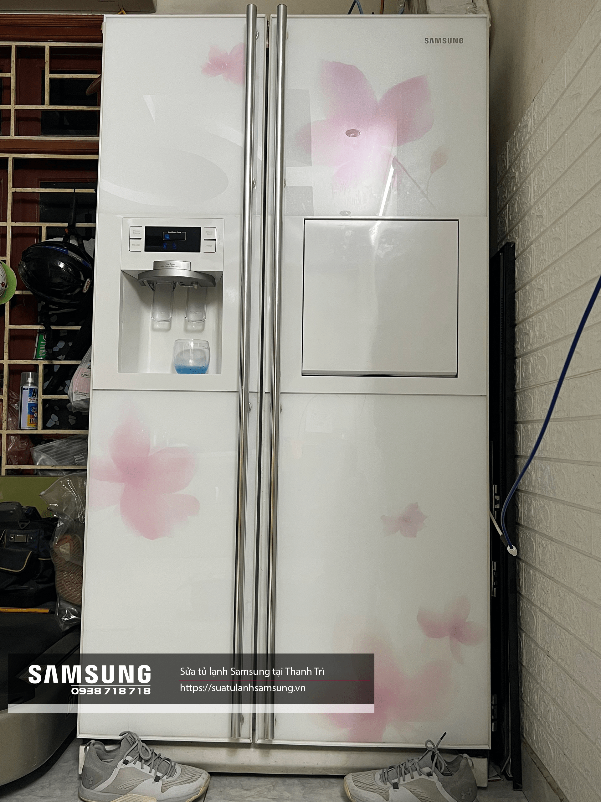 Side by side Samsung refrigerator repair services, large white Samsung side-by-side fridge, modern energy-efficient Samsung fridge with water dispenser, durable twin-door Samsung refrigerator with floral design, relevance.