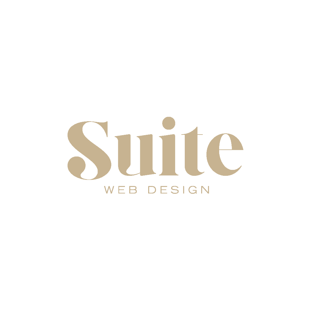 Suite Web Design Logo. Logo with the word Suite in large, elegant beige font and WEB DESIGN in smaller, uppercase beige letters below, on a light gray background.