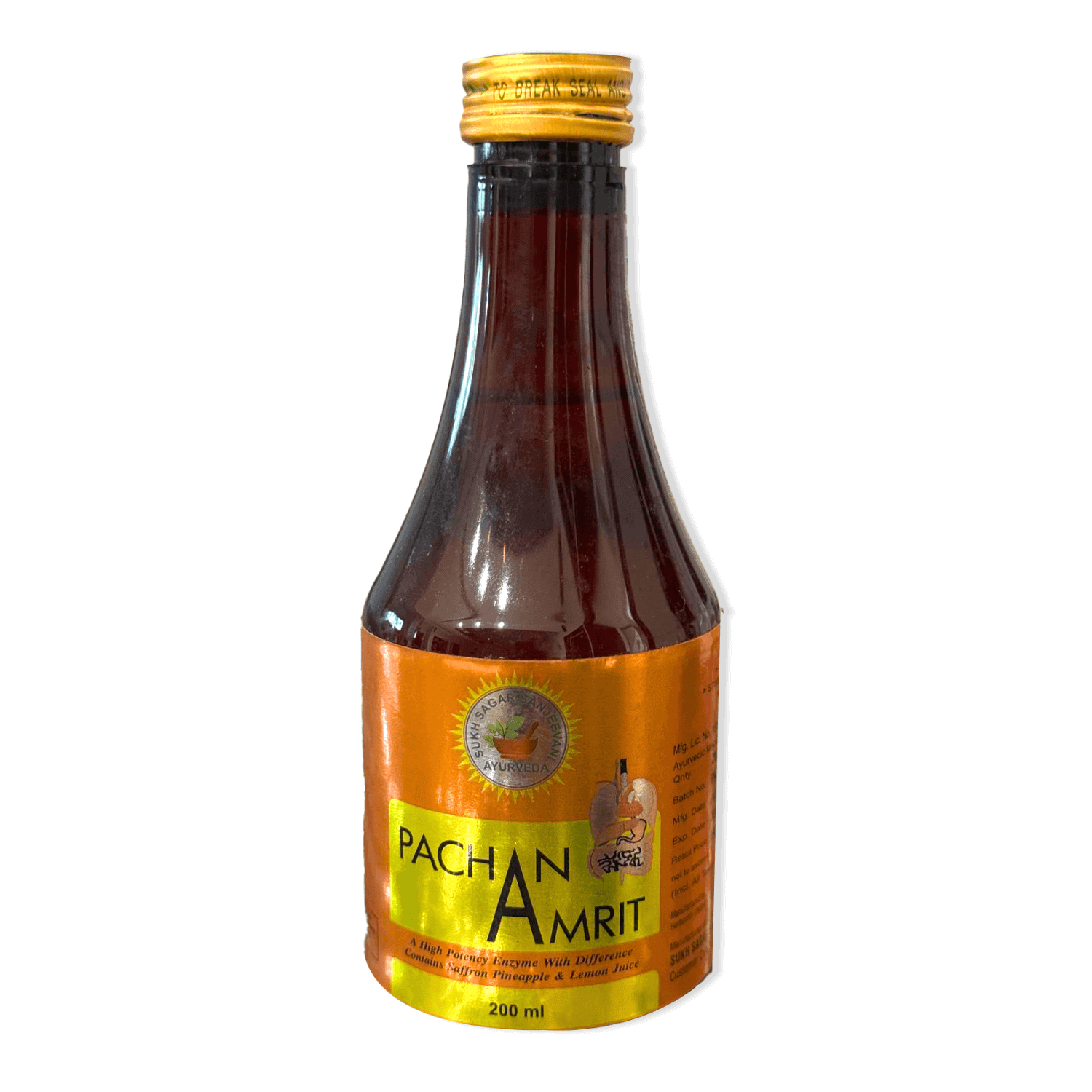 Herbal tonic bottle labeled Pachan Amrit for digestion and health.