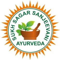 Sukh Sagar Sanjeevani Ayurveda logo with mortar and pestle and green leaves.