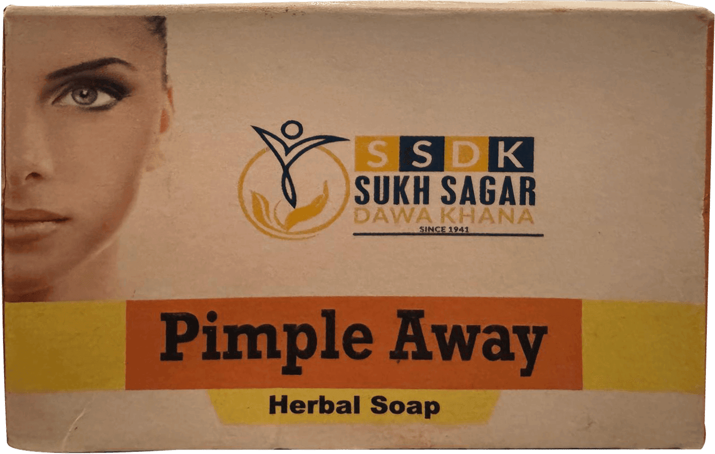 Sukh Sagar Dawakhana Pimple Away Herbal Soap packaging with logo and product name.
