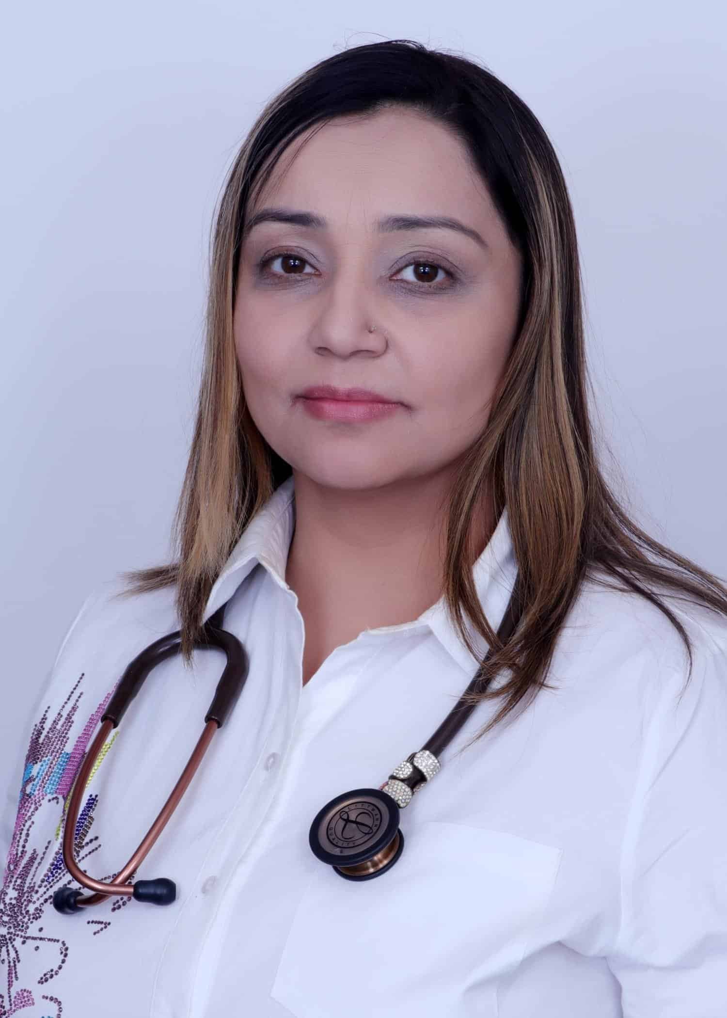 Medical professional Dr. Deepika Kapur with stethoscope at Sukh Sagar Dawakhana.