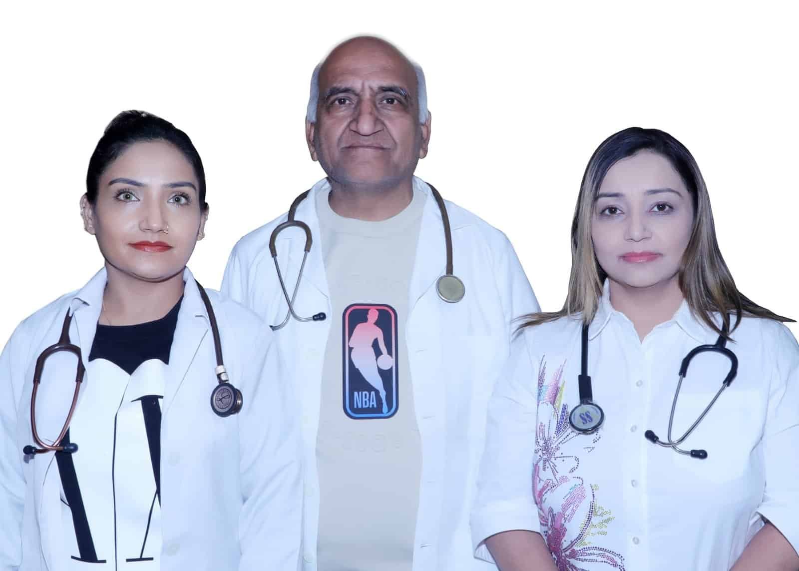 Team of doctors at Sukh Sagar Dawakhana with stethoscopes.