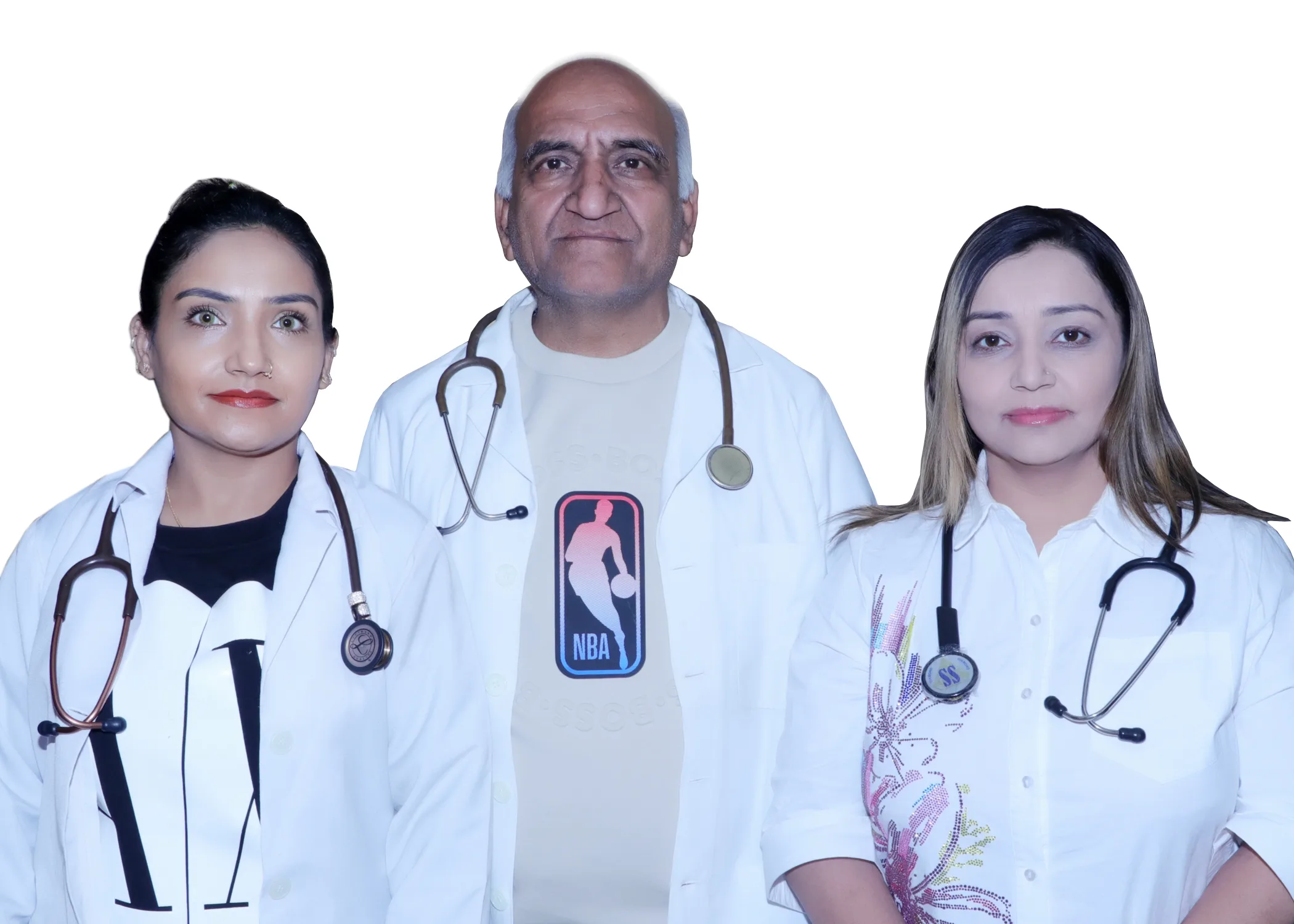 Team of doctors at Sukh Sagar Dawakhana with stethoscopes.