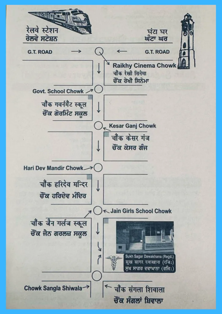 Map showing directions to Sukh Sagar Dawakhana in G.T. Road area.