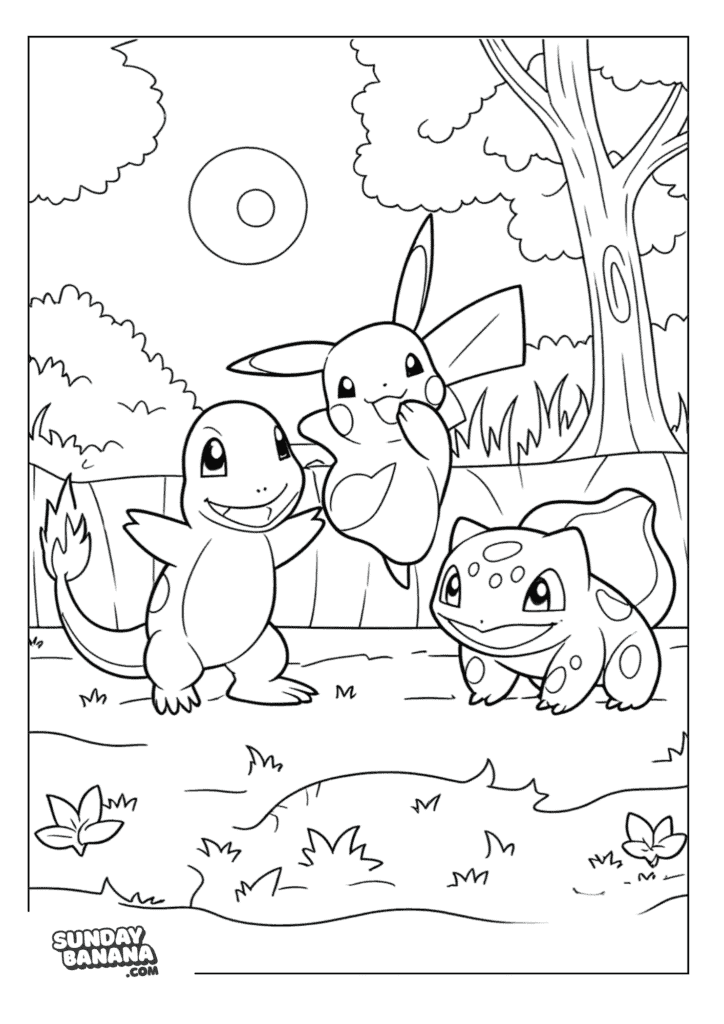 Pikachu-Charmander-Bulbasaur-Iconic-Coloring-Page