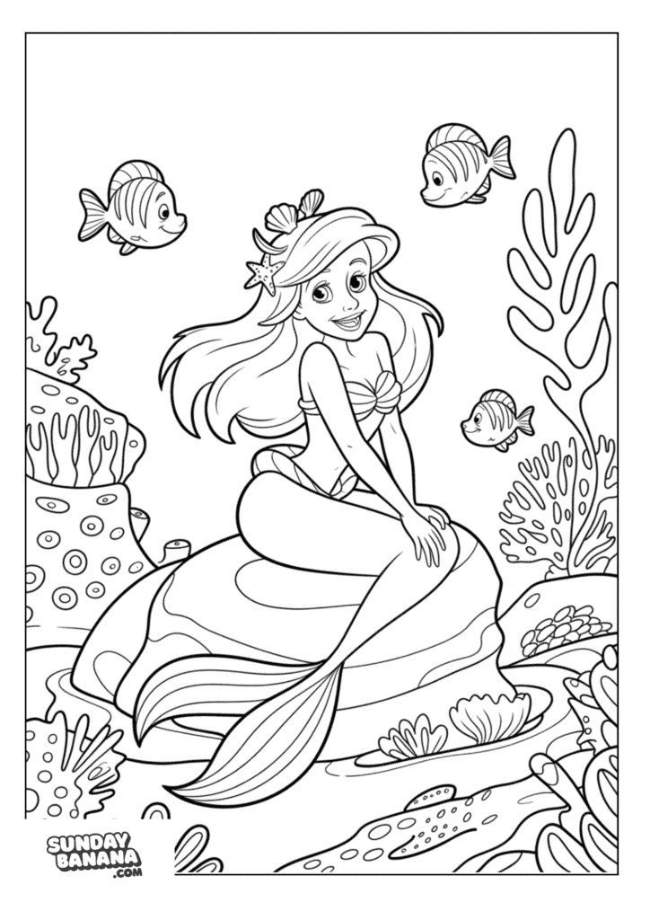 Disney Princess Ariel sitting on corals surrounded by fishes