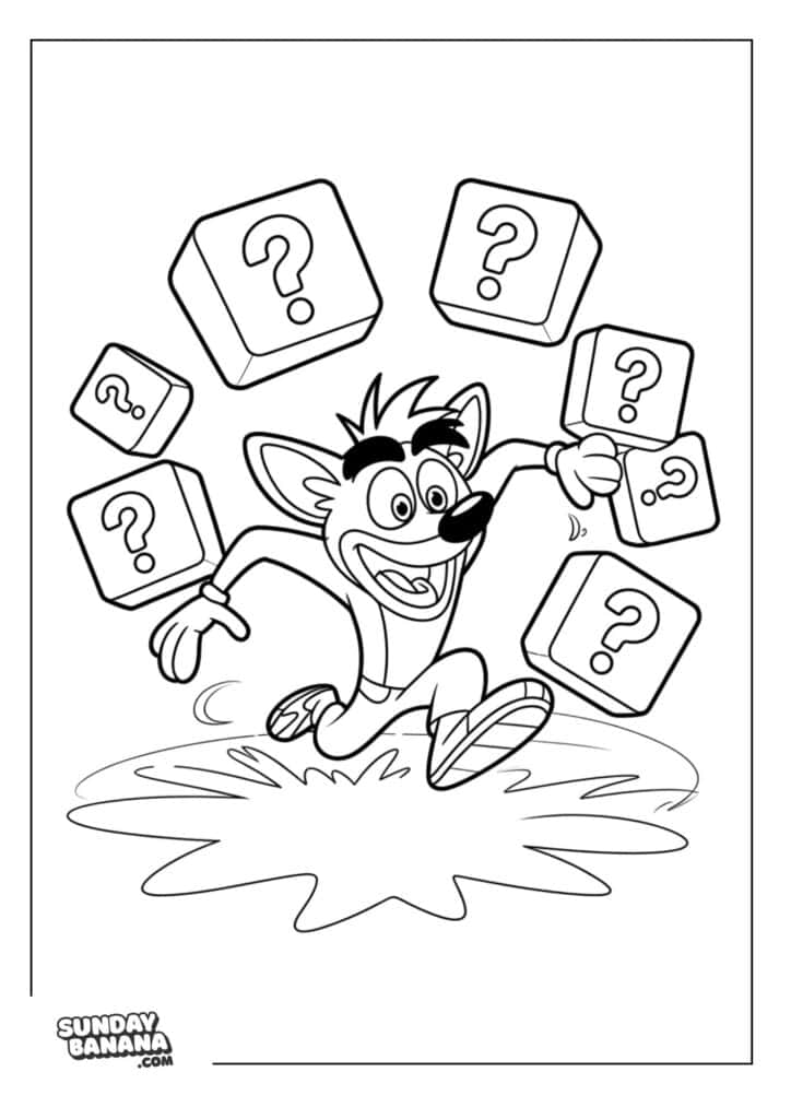 Crash Bandicoot surrounded by question mark boxes above head Crash Bandicoot coloring page