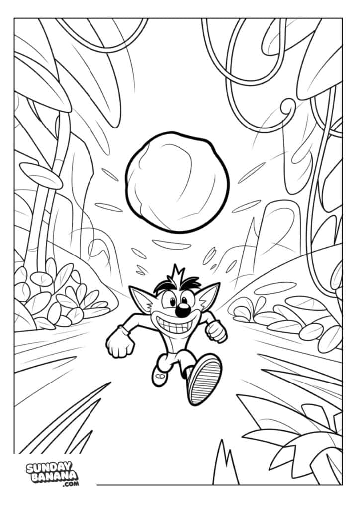Crash Bandicoot running through jungle away from rumbling boulder Crash Bandicoot coloring page