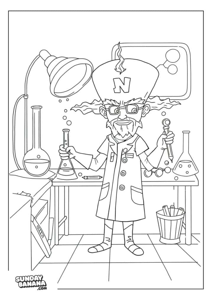 Doctor Neo Cortex doing experiments in his science lab Crash Bandicoot coloring page