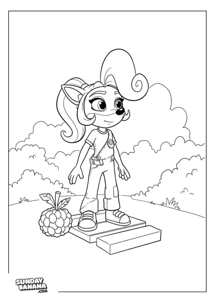 Coco Bandicoot wearing jumpsuit posing next to grapes with bush background Crash Bandicoot coloring page