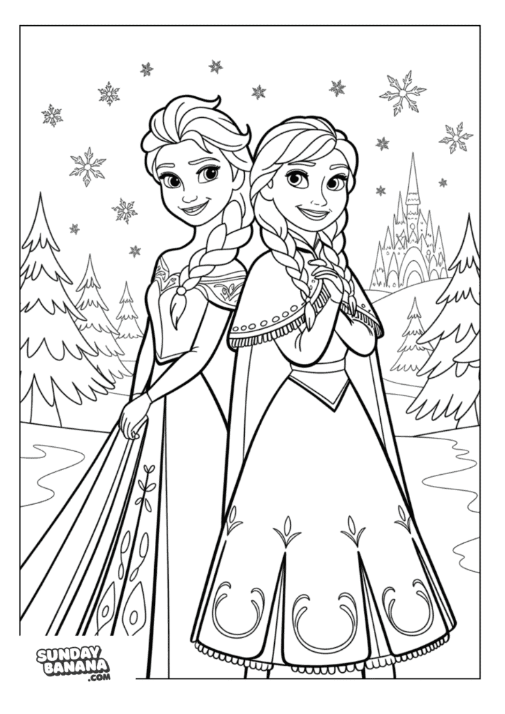 Disney's Queen Elsa and Princess Anna Beautiful Pose coloring page