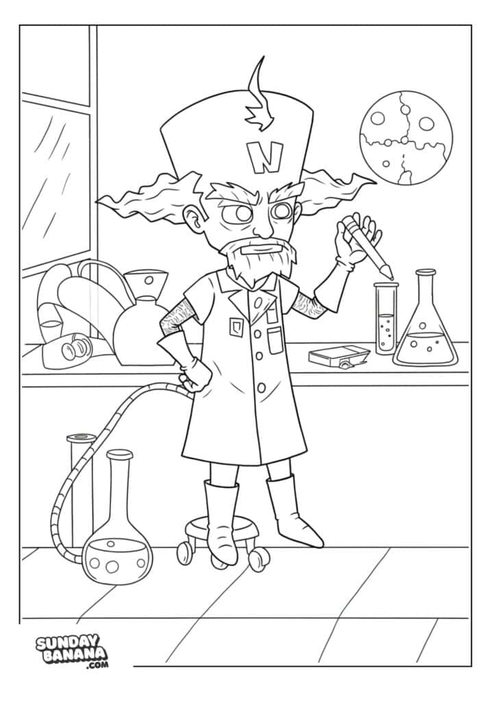 Doctor Neo Cortex with serious face doing lab experiments Crash Bandicoot coloring page