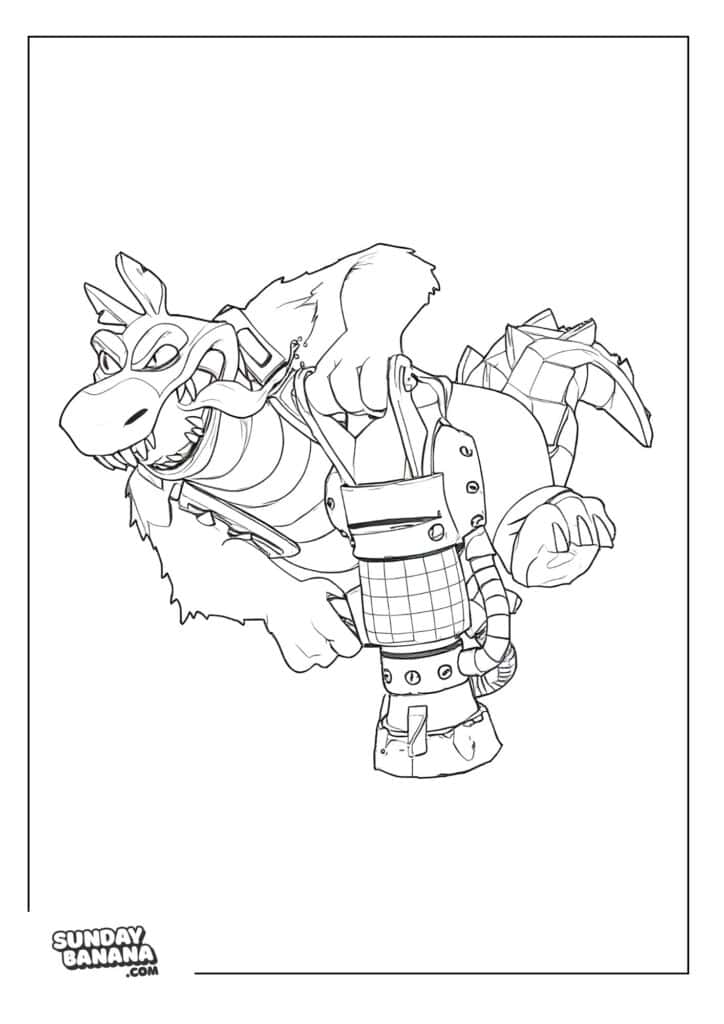 Dingodile in fighting pose holding weapon with tongue wagging out Crash Bandicoot coloring page