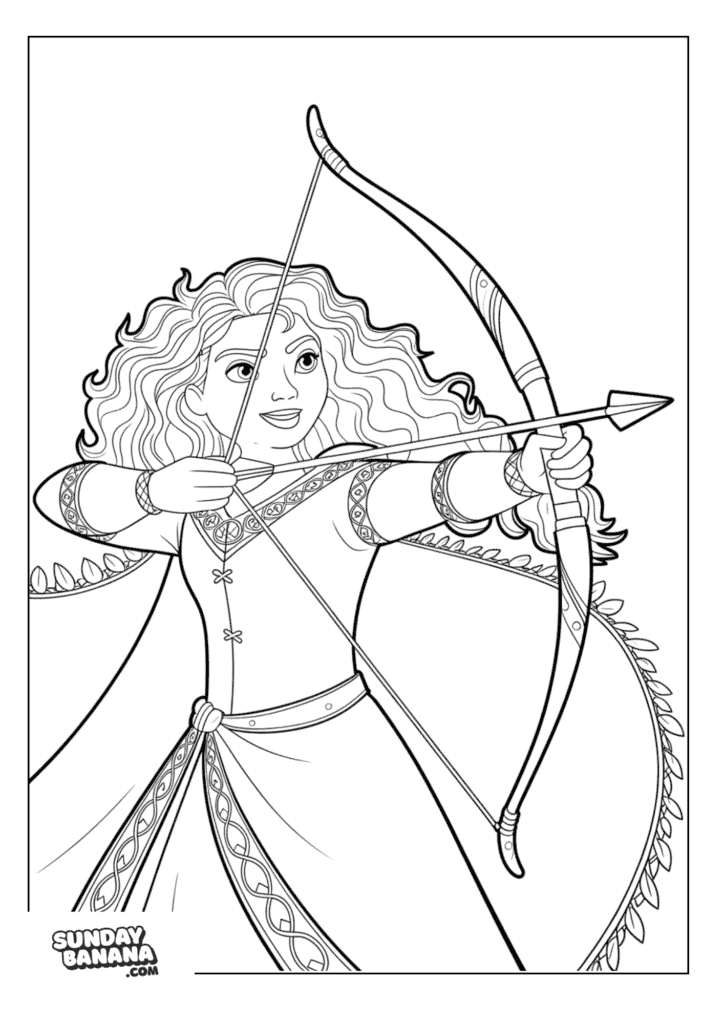 Princess Merida from Disney's Brave drawing Bow and Arrow Coloring Page