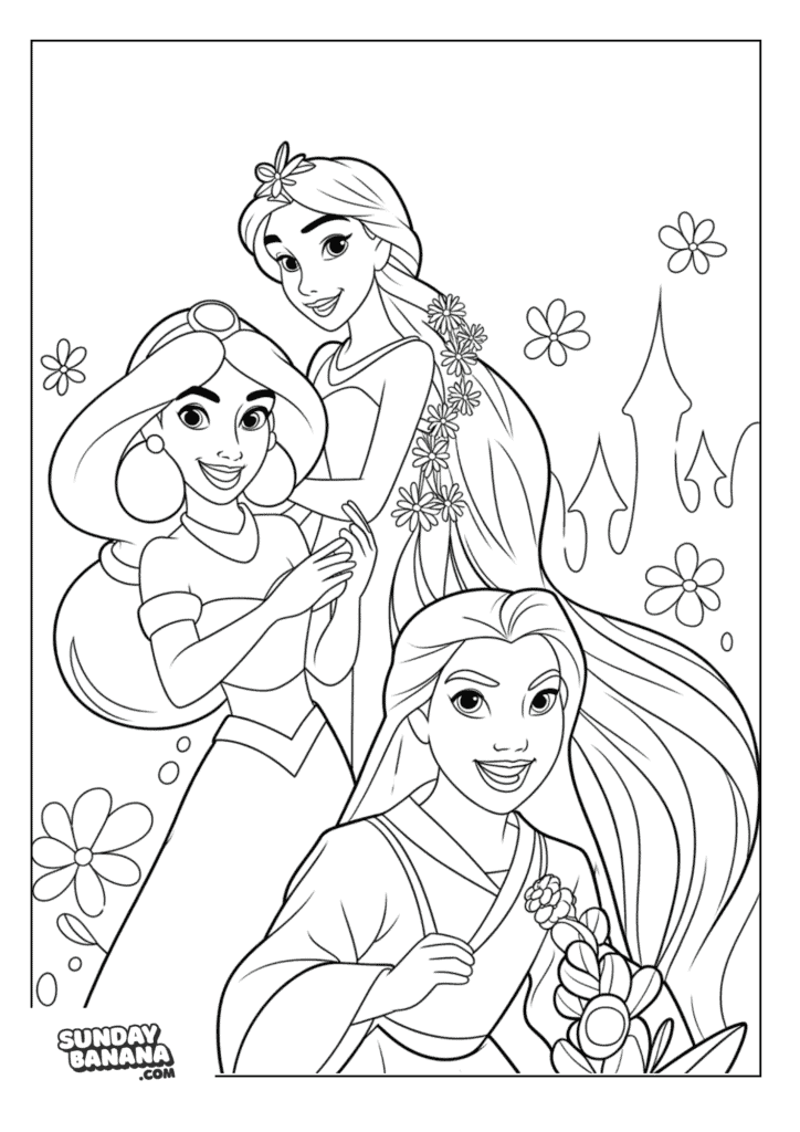 Princess Jasmine, Rapunzel and Mulan Beauty Fun Pose Disney Coloring Page