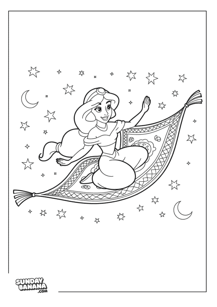 Princess Jasmine Riding on flying carpet surrounded by moon and stars Disney Coloring Page