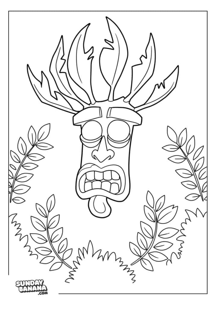 Aku Aku mask with wreath leaves around Crash Bandicoot coloring page