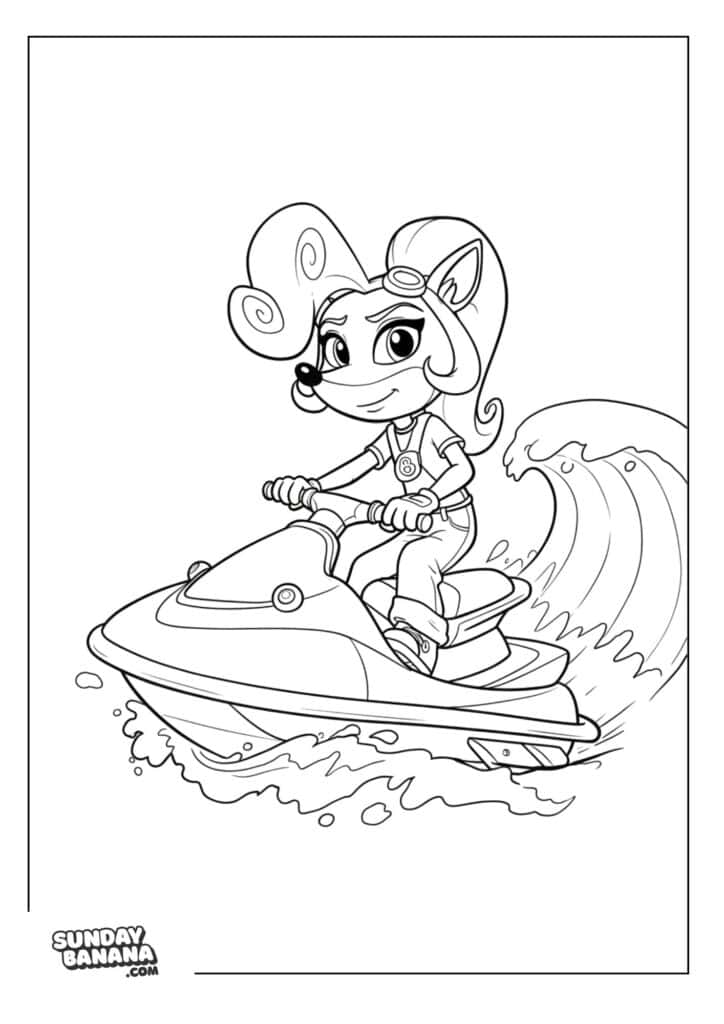 Coco Bandicoot riding jet ski over waves Crash Bandicoot coloring page