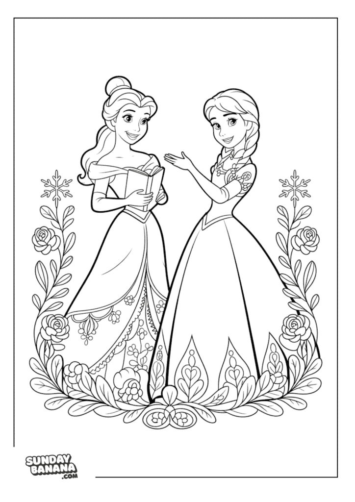Belle from Beauty and the Beast and Princess Anna from Frozen posing facing each other surrounded by roses and snowflake Disney Coloring Page