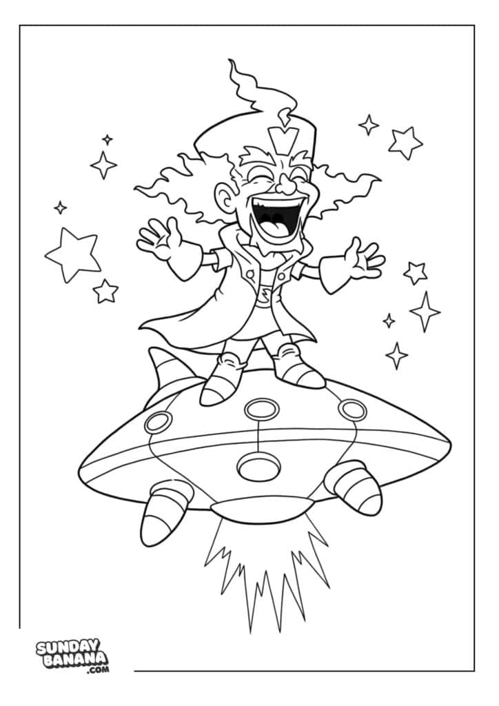 Doctor Neo Cortex laughing maniacally while standing on top of flyer saucer spaceship Crash Bandicoot coloring page