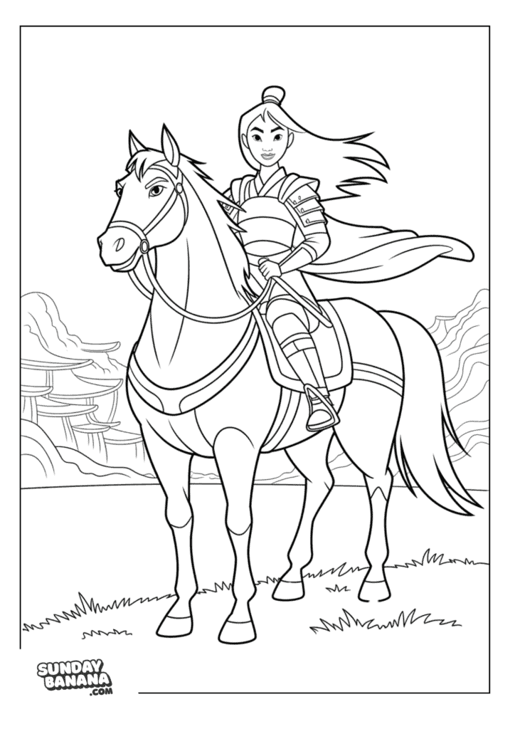 Mulan in full armor with her hair blowing riding on her horse with mountain background Disney coloring page