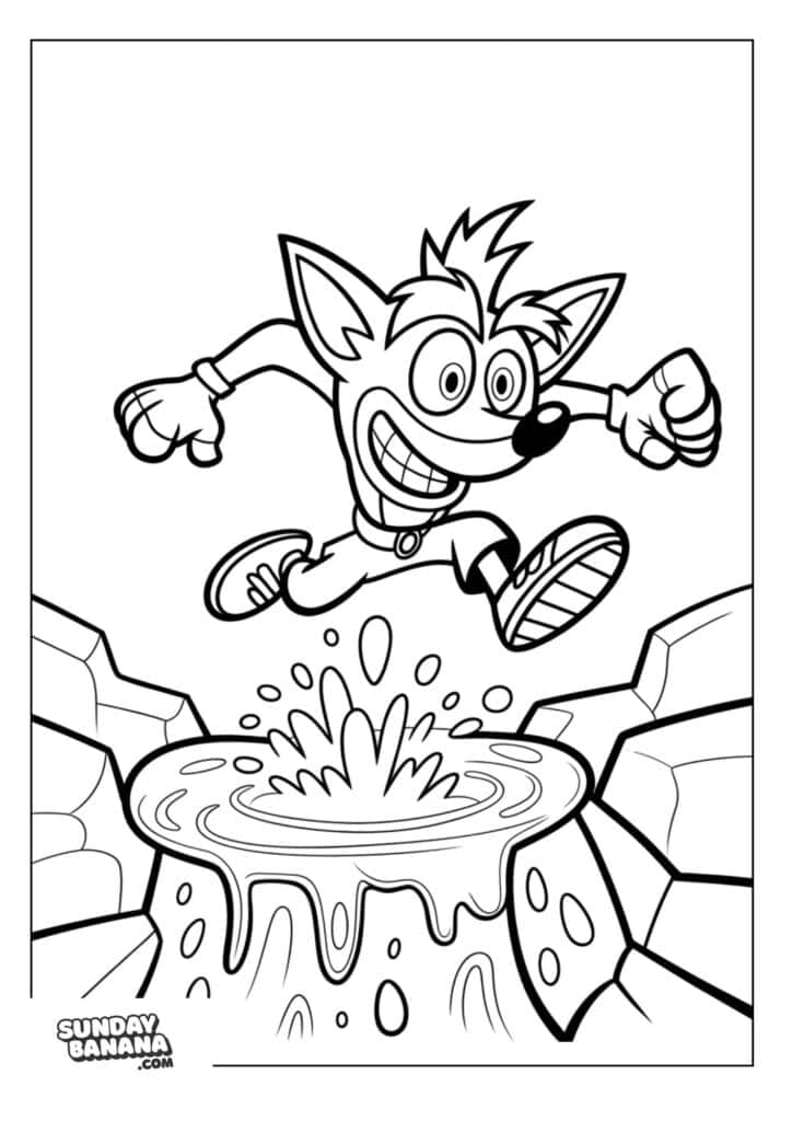 Crash jumping over lava pool Crash Bandicoot coloring page for kids