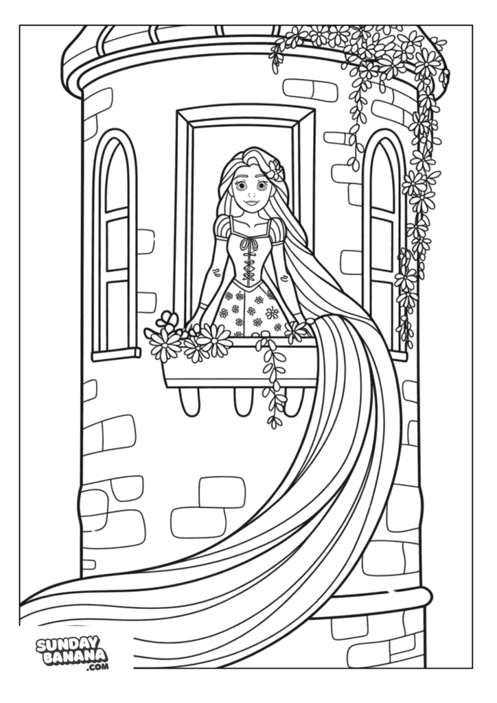 Princess Rapunzel with hair flowing down, looking out her tower balcony Disney Coloring Page
