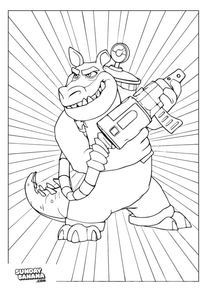 Dingodile posing with weapon with starburst background Crash Bandicoot coloring page for kids