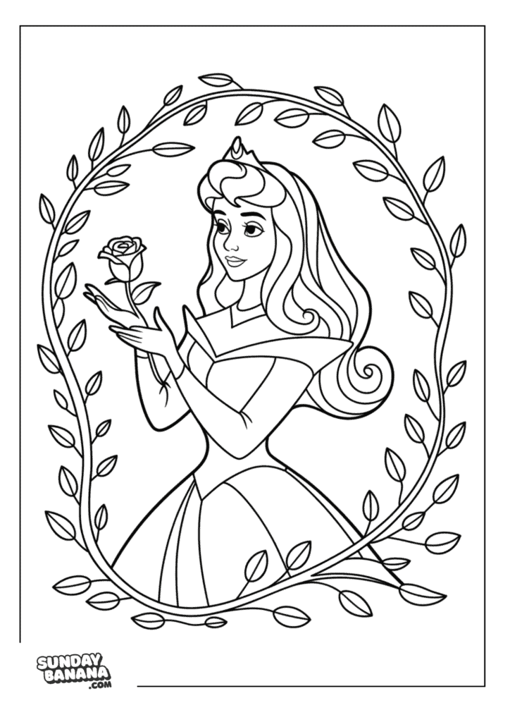 Princess Aurora with tiara holding a rose framed by vines Disney Coloring Page