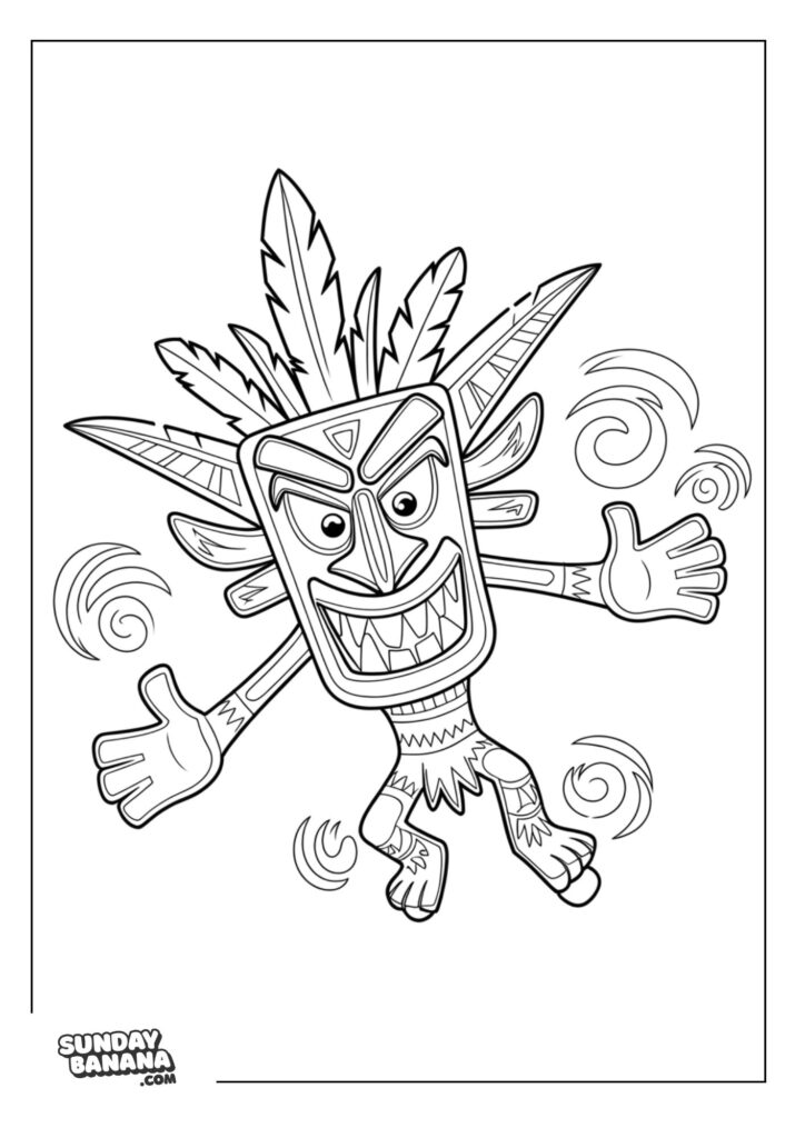 Crash wearing intricate Aku Aku mask power up Crash Bandicoot coloring page for kids