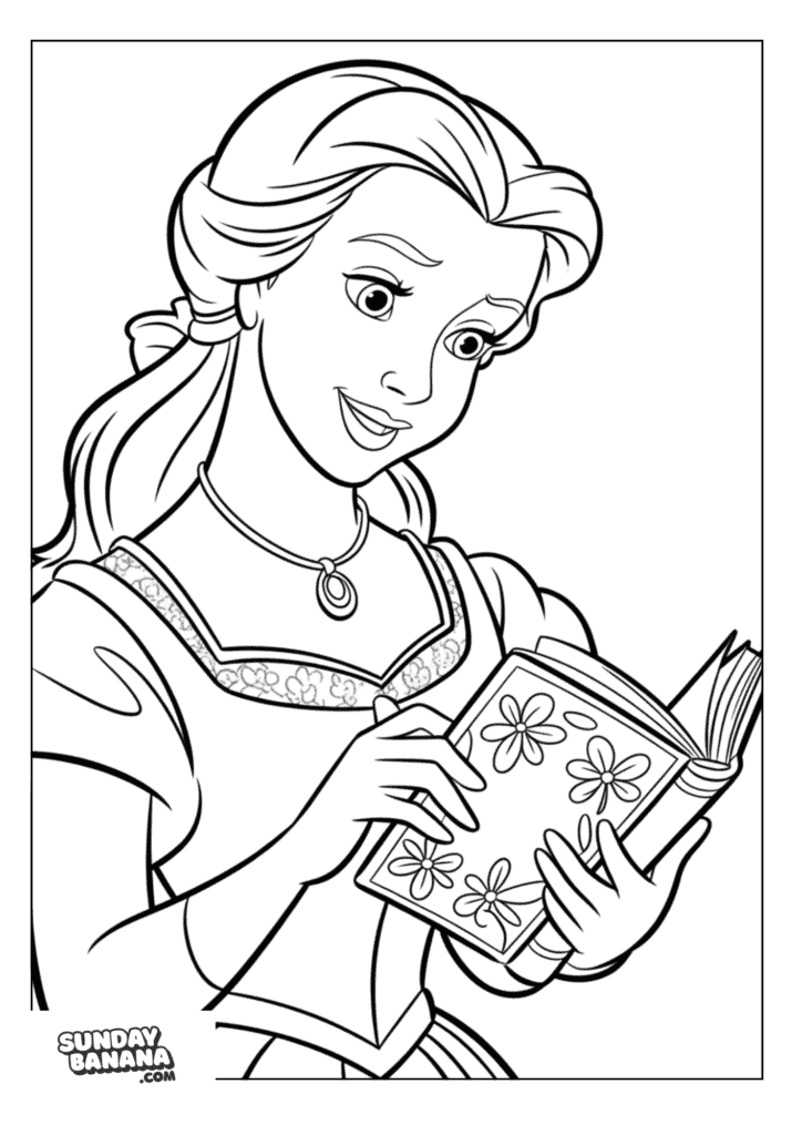 Belle from Beauty and the Beast close up portrait of her reading a storybook Disney Coloring Page