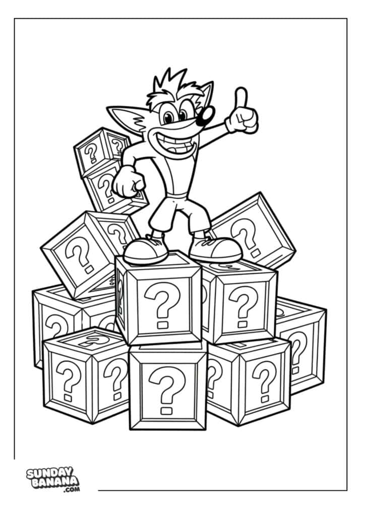 Crash standing atop question mark boxes pointing up with his finger Crash Bandicoot coloring page for kids