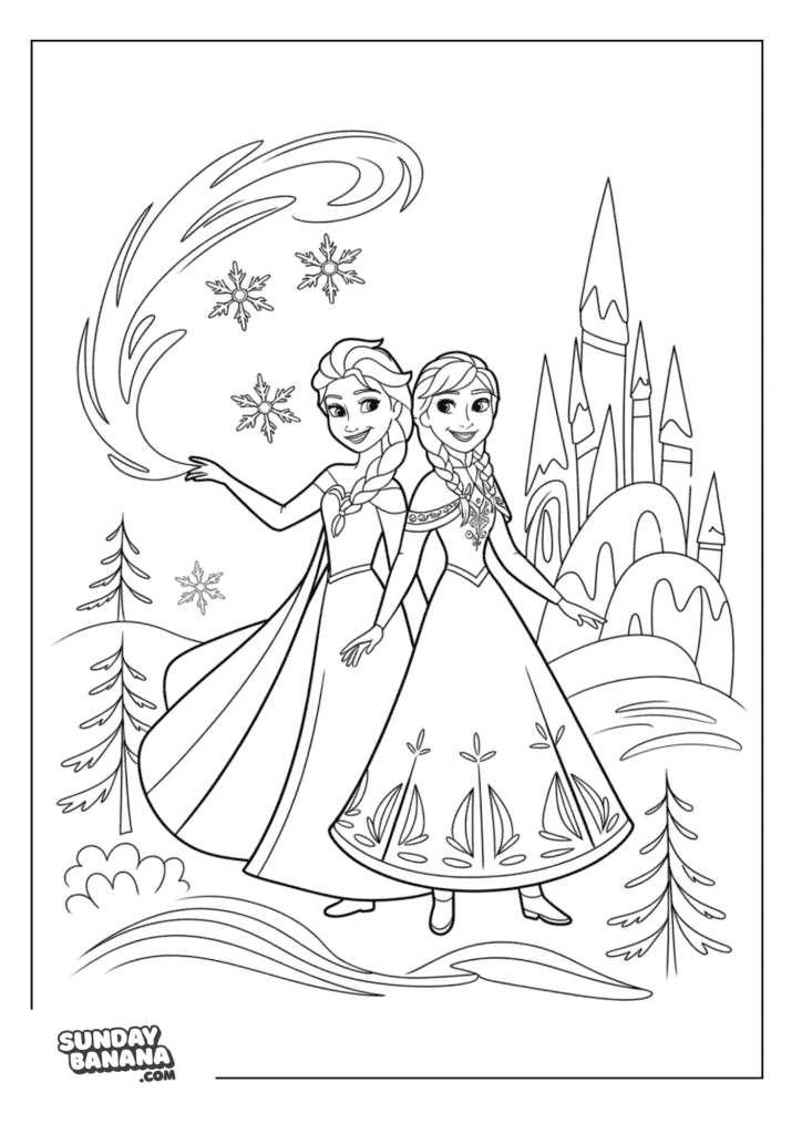 Queen Elsa and Princess Anna back to back pose with swirls of frost with castle background Disney Coloring Page