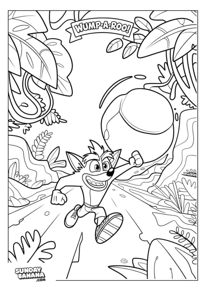 Crash running through jungle scene with giant boulder chasing him. Wump-a-roo words on a banner on top Crash Bandicoot coloring page for kids