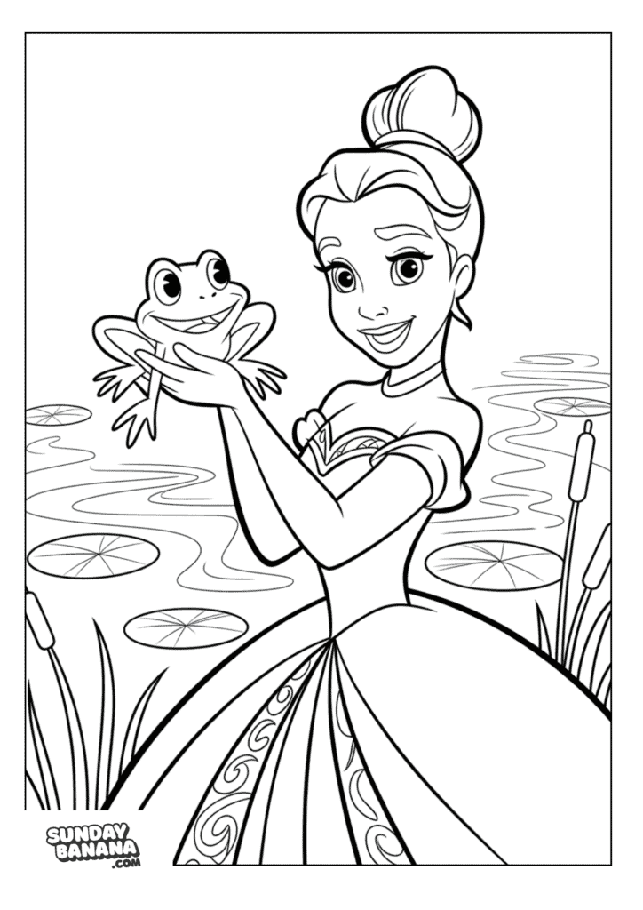 Tiana in evening gown holding up frog surrounded by lake Disney coloring page