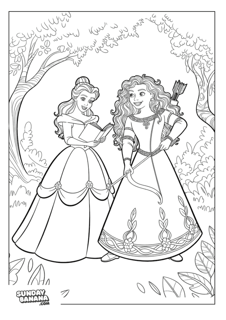 Belle from Beauty and the Beast in evening gown reading a book and Princess Merida from Brave in decorative gown with her bow and arrow surrounded by forest trees Disney coloring page