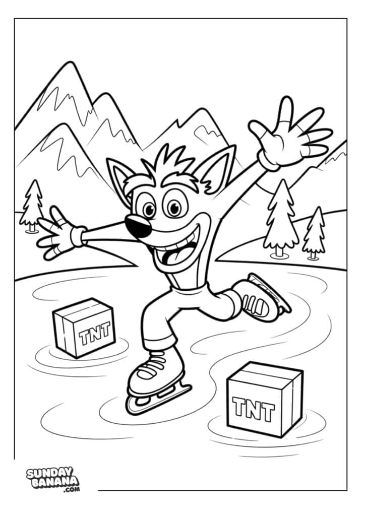 Crash ice skating around TNT boxes with frosty mountains background Crash Bandicoot coloring page for kids