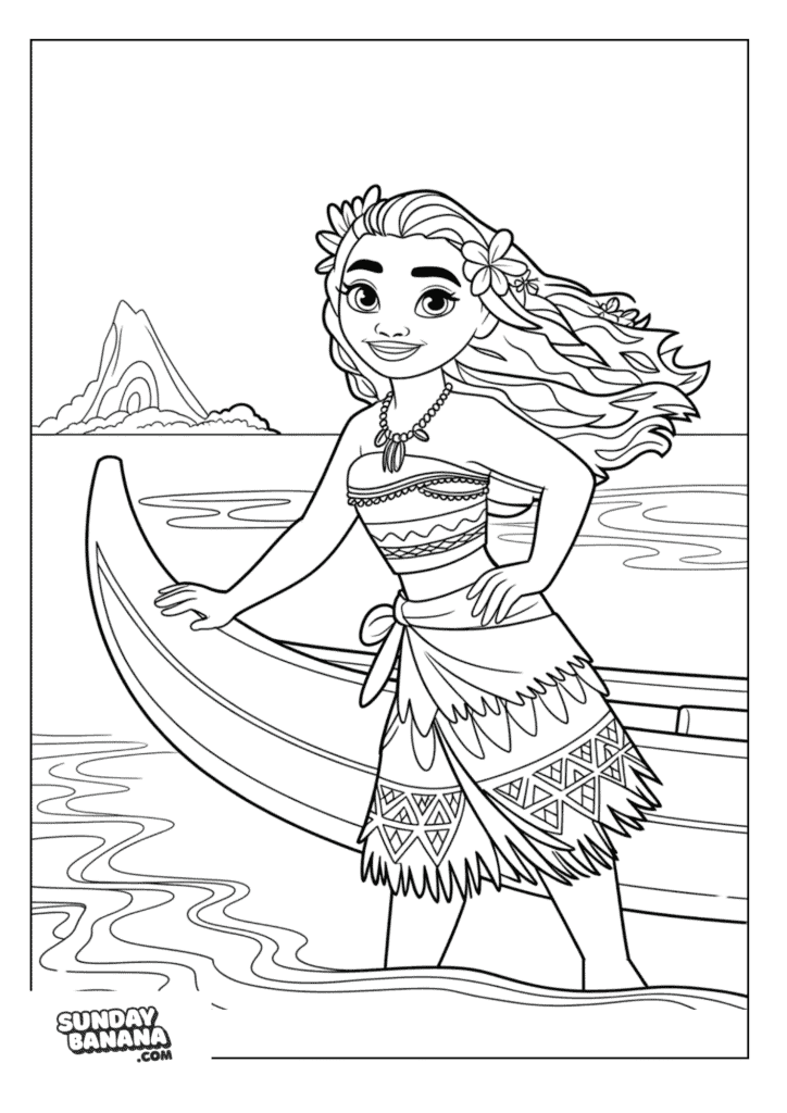 Moana in traditional beach wear with hair flowing. Her hands on a canoe by the beach with volcano far in the background Disney coloring page