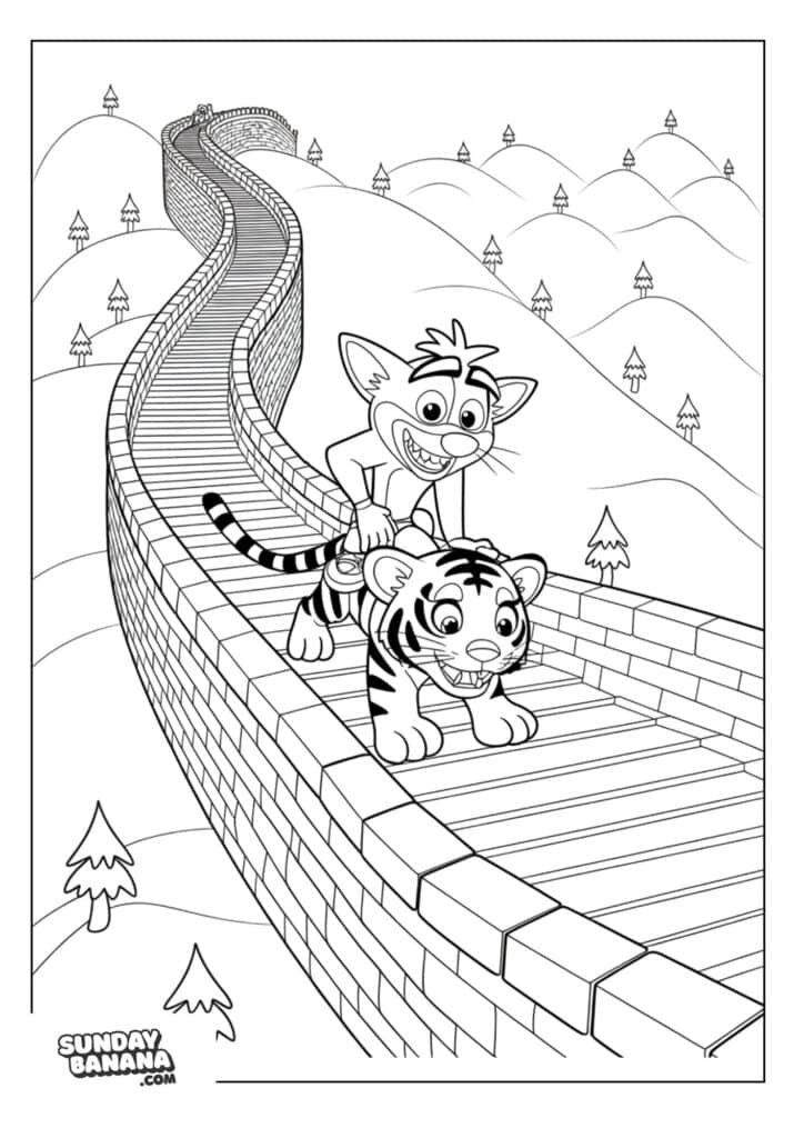 Crash riding on baby tiger on the great wall of china Crash Bandicoot coloring page for kids