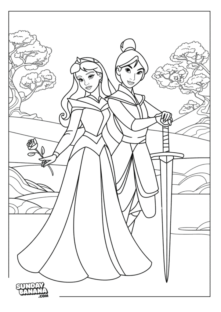 Princess Aurora and Mulan posing together. Princess Aurora with a rose in hand wearing ball gown and Mulan resting her hands on her sword with landscape background Disney coloring page