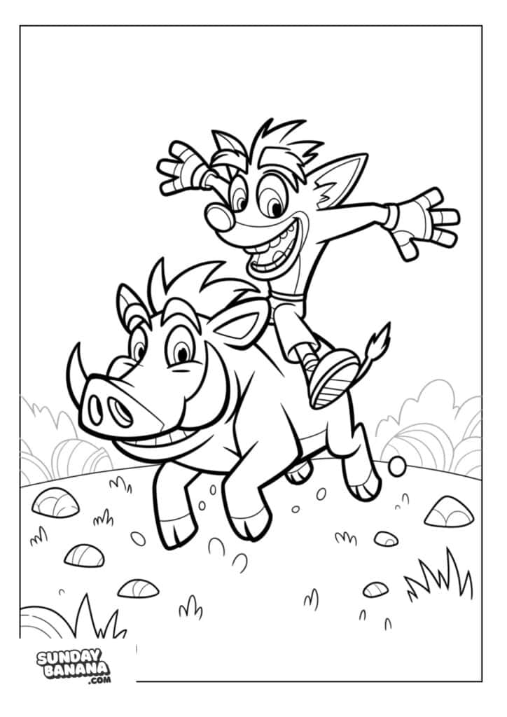 Crash riding on warthog with arms flailing on sandy meadow scene Crash Bandicoot coloring page for kids