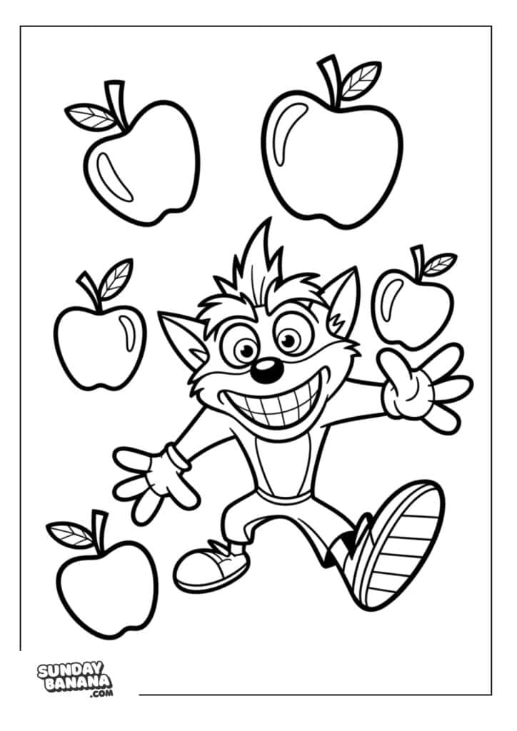 Crash is surrounded by 5 wumpa fruits Crash Bandicoot coloring page for kids